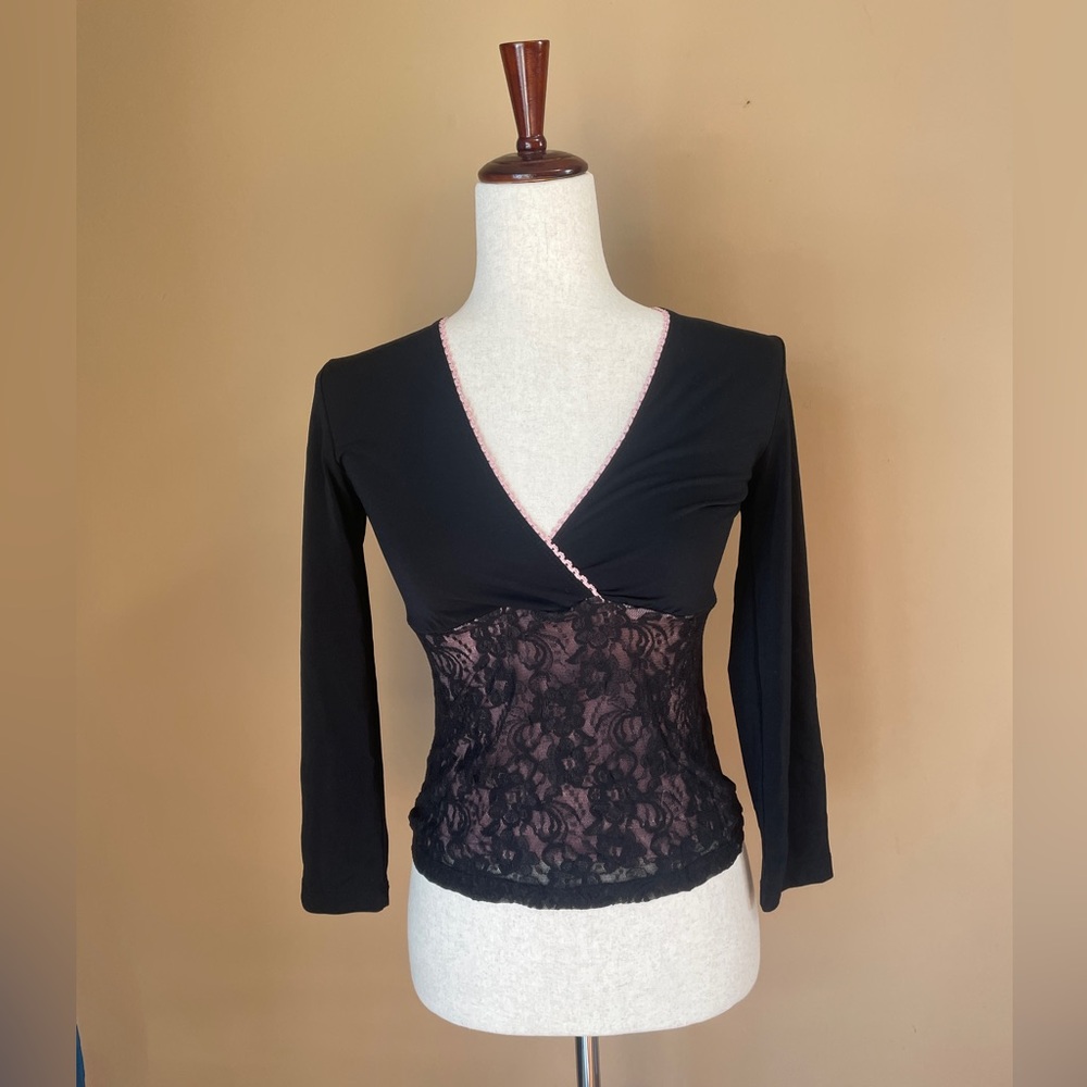 Fang Womens V Neck Top Whimsigoth Lace Fitted Romantic Y2K Vamp Small Black #